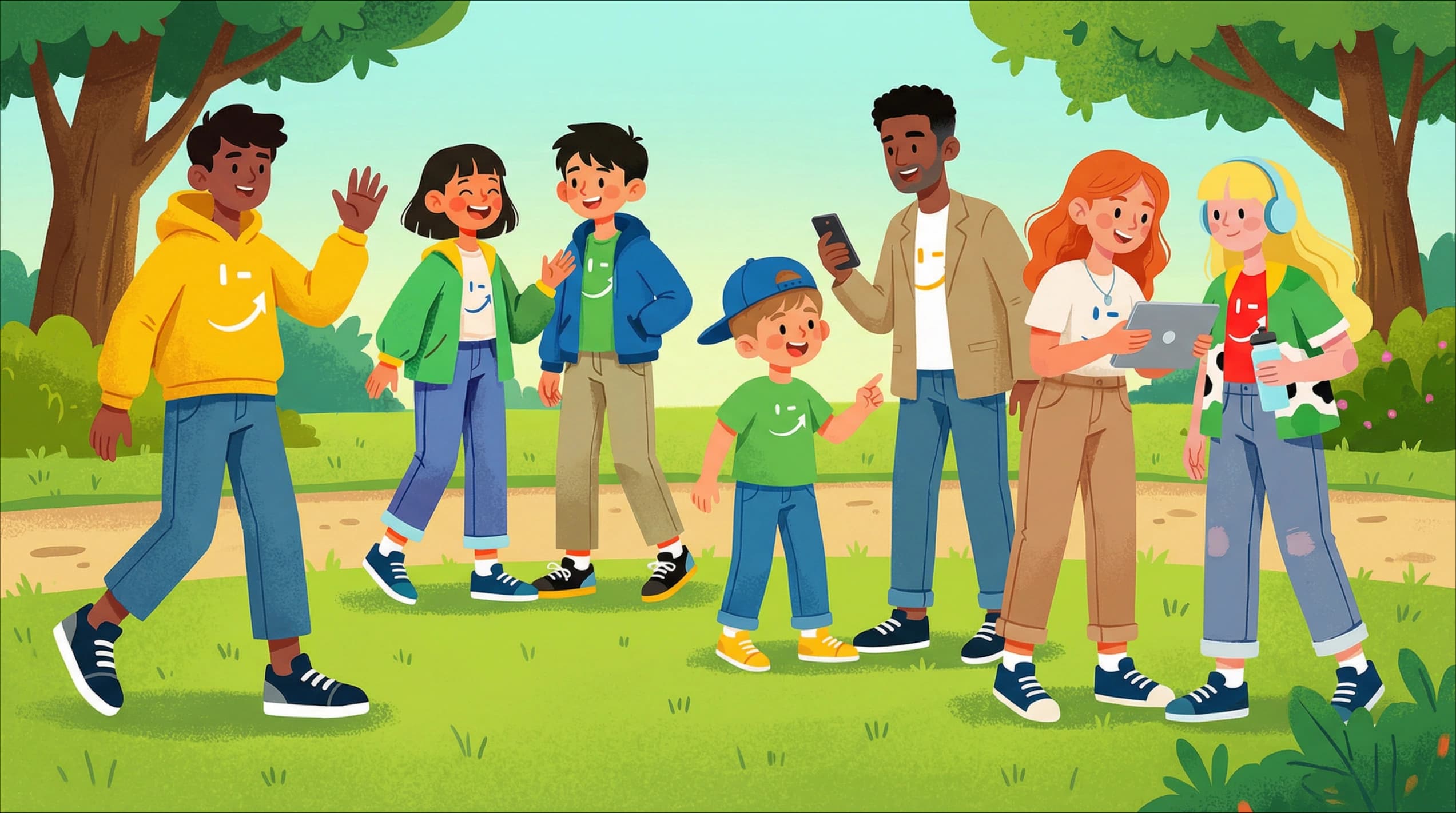 Ilustração de crianças e jovens em um parque representando a comunidade do programa Endocare