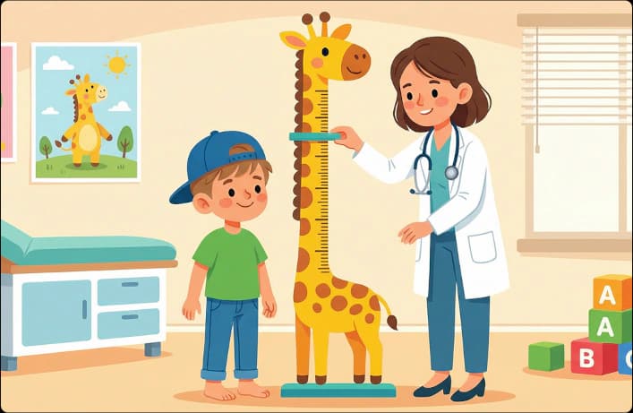 Ilustração de uma médica medindo a altura de um menino ao lado de uma girafa.