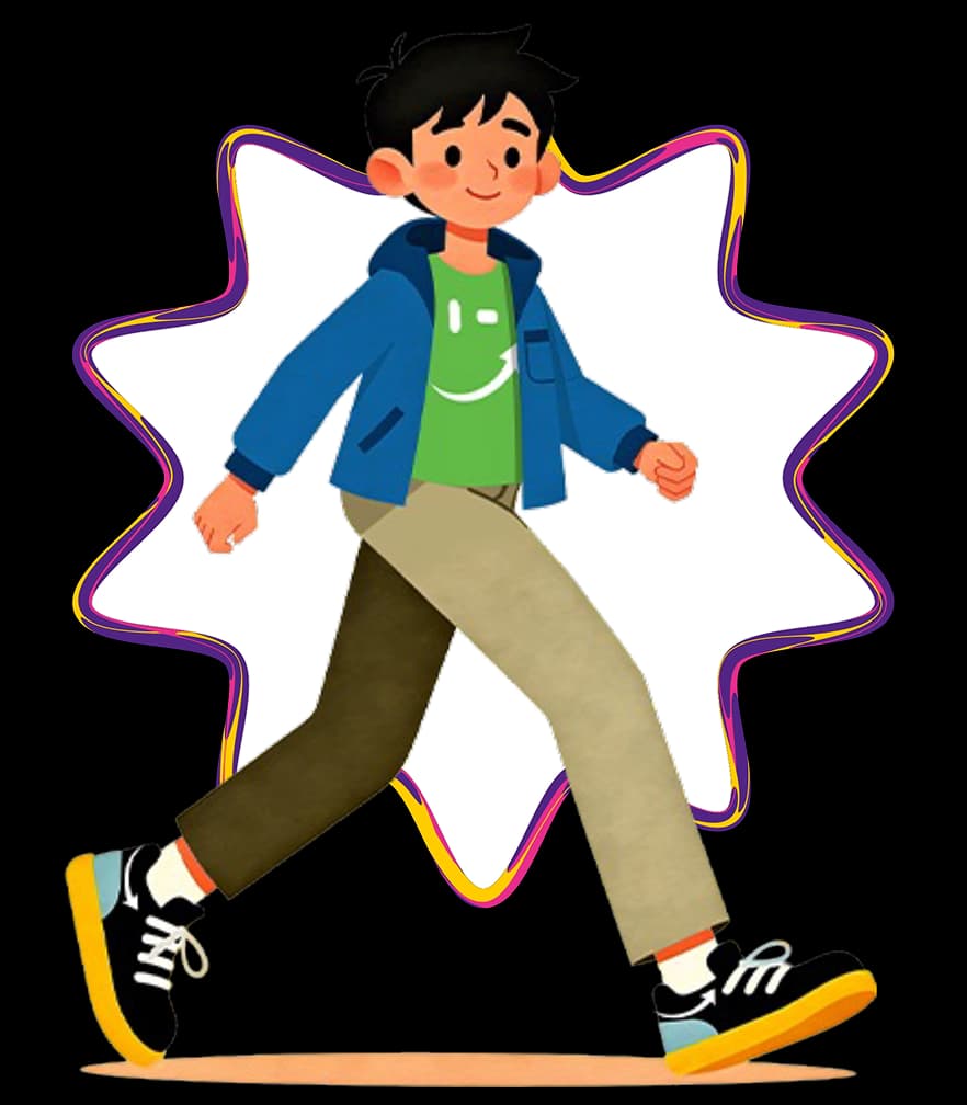 Ilustração de uma criança caminhando em frente a uma estrela colorida.