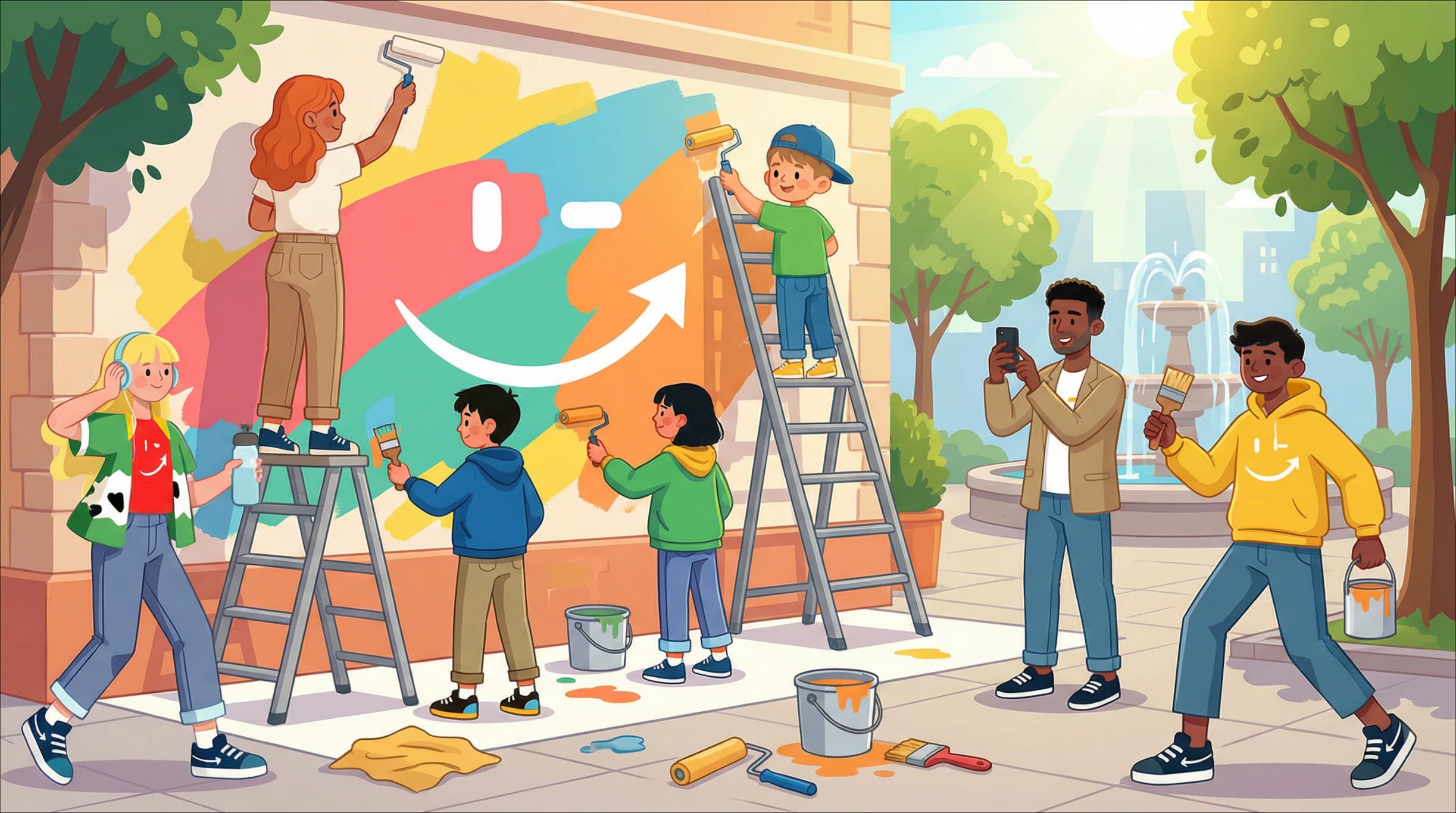 Ilustração de jovens pintando um mural colorido com o símbolo do programa Endocare, representando a comunidade e o engajamento no tratamento